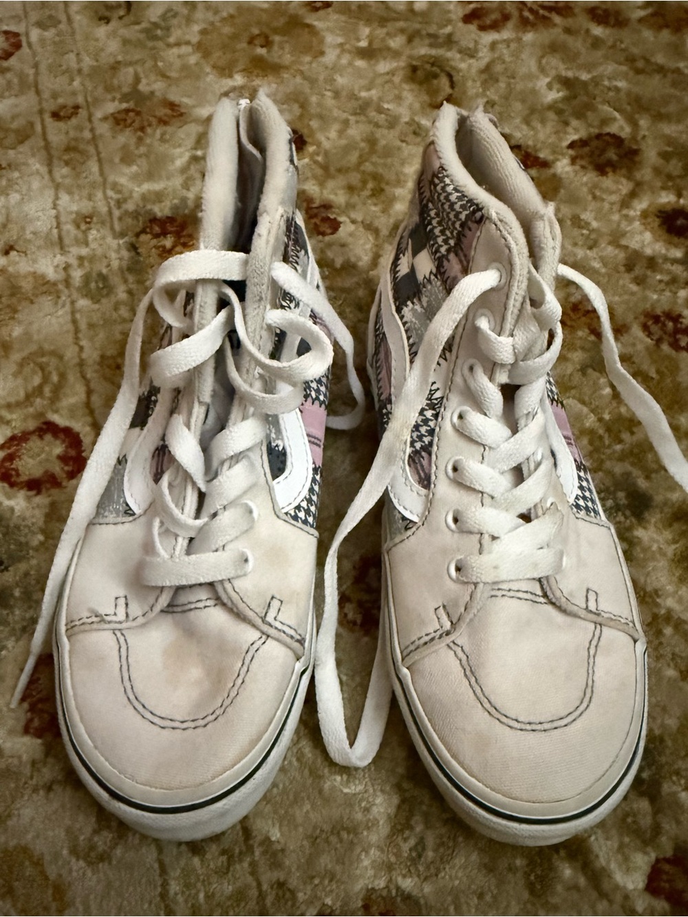 Vans White Canvas High-Top Sneakers with Pink Houndstooth Accents